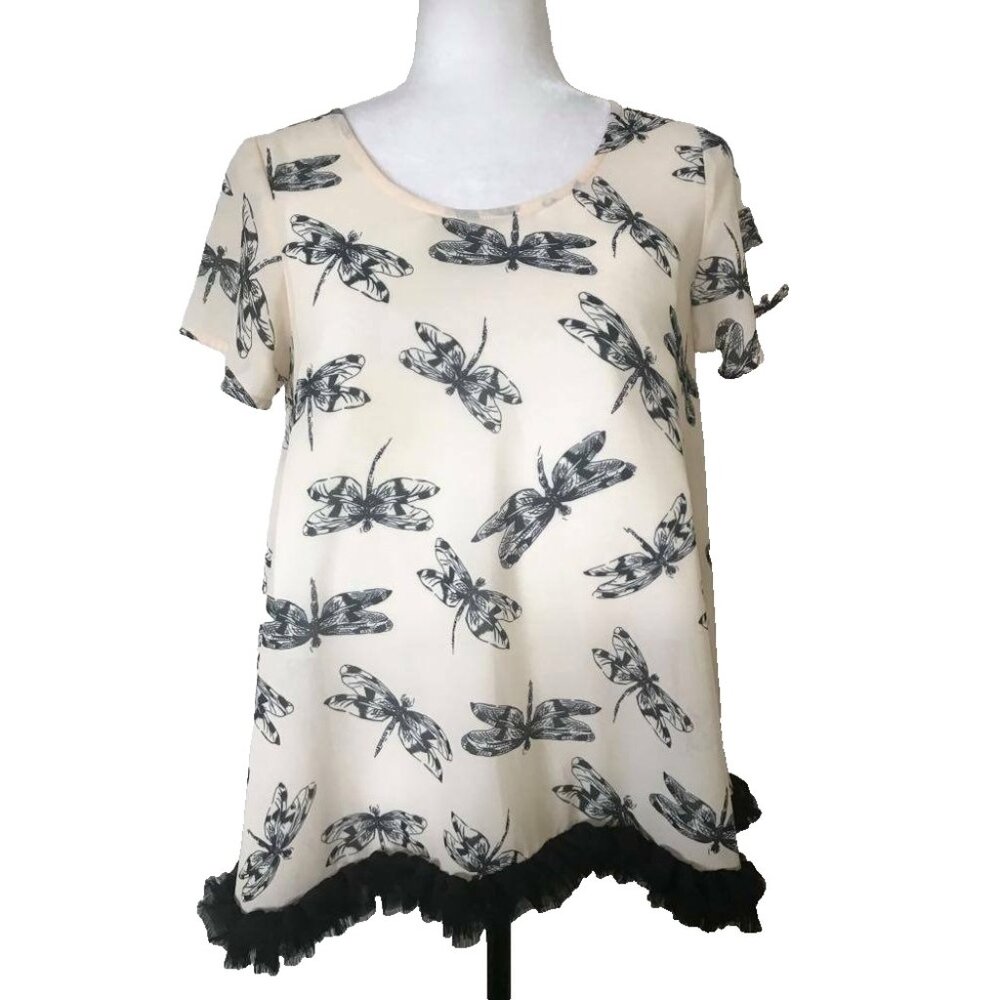 CURATE Trelise Cooper Short Sleeve Top Blouse Size Small Dragonfly Black Fringe